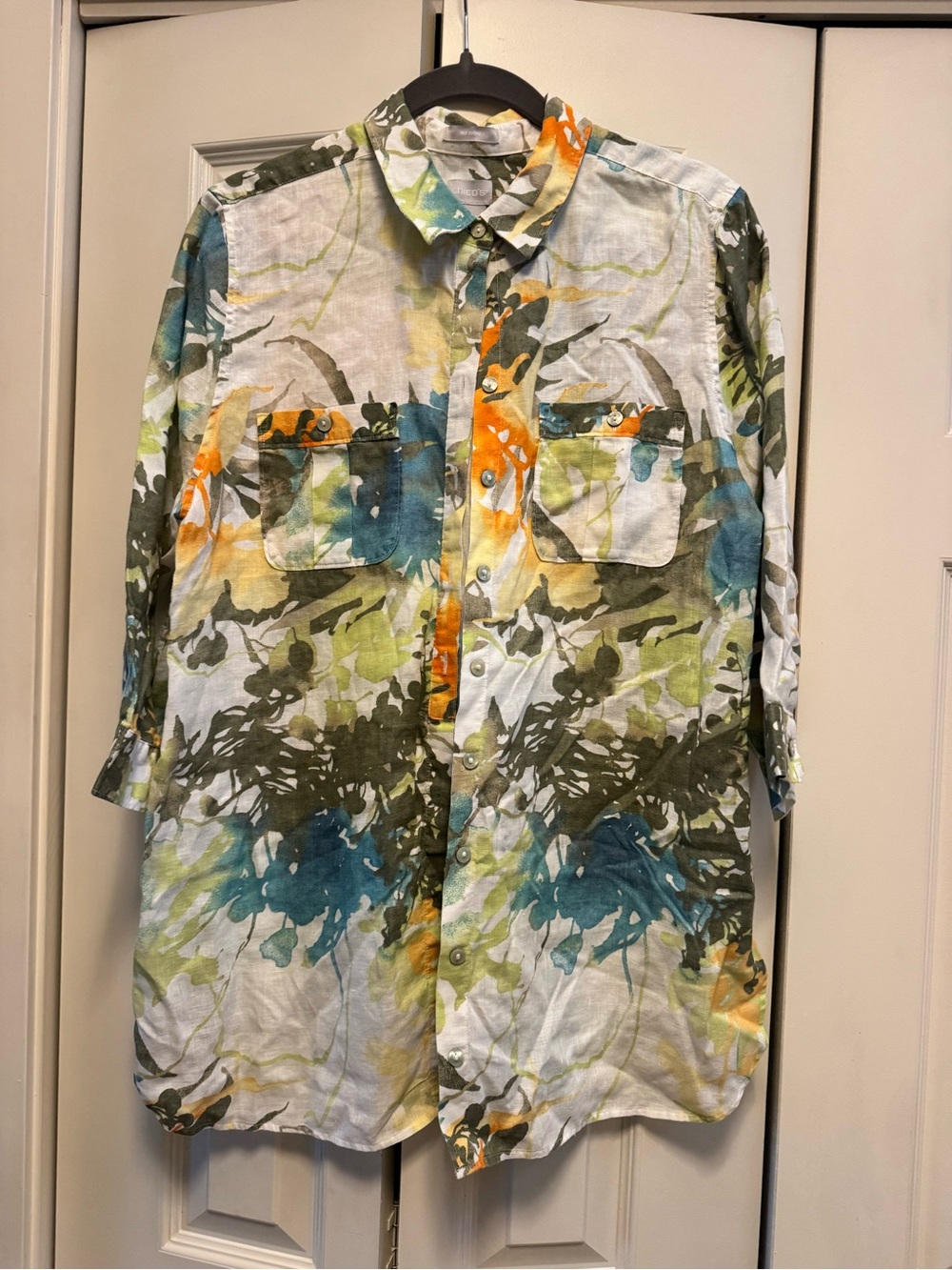 Chico’s No Iron Size 2 US 12 Linen Abstract Print Button Tunic Shirt